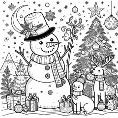Coloriage d'un bonhomme de neige à haut-de-forme, avec un renne, un petit animal, un sapin et des cadeaux