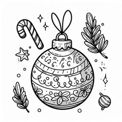 Coloriage d'une boule de Noël à bandes de motifs, avec une canne à sucre, une branche de sapin et une étoile