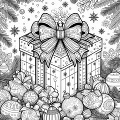 Coloriage d'un gros cadeau à grand nœud, entouré de boules de Noël, de branches de sapin et de flocons