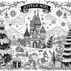 Coloriage de Noël : bannière « JOYEUX NOEL » au-dessus d'un château, de montagnes, de deux sapins et d'un renne