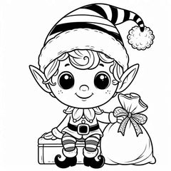 Coloriage d'un petit lutin assis sur un coffre, une main posée sur un sac cadeau noué, bonnet à rayures et pompon