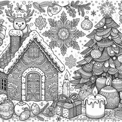 Coloriage d'une maison en pain d'épices dont la cheminée cache un renne, avec un grand flocon et un sapin à motifs