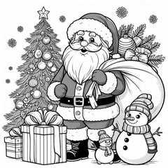 Coloriage du Père Noël en train de porter un sac, devant un sapin, un gros cadeau et deux bonhommes de neige