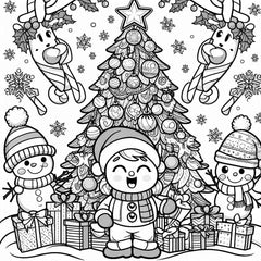 Coloriage d'un sapin de Noël avec un enfant en bonnet, deux bonhommes de neige et des cadeaux