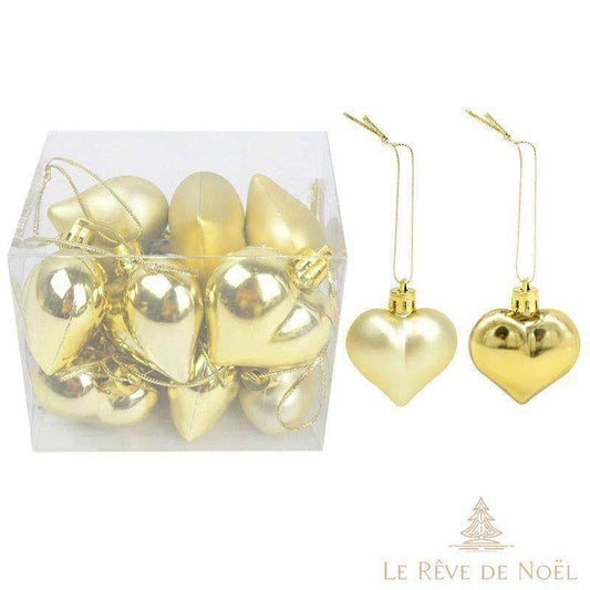 Lot de 12 Boules de Noël coeur - Or