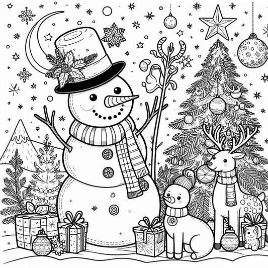 Coloriage d'un bonhomme de neige à haut-de-forme, avec un renne, un petit animal, un sapin et des cadeaux