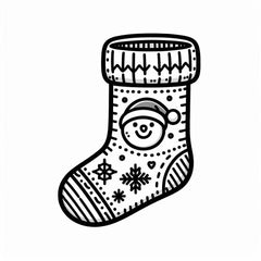Coloriage d'une chaussette de Noël au visage souriant à bonnet de Père Noël, avec des flocons et un cœur