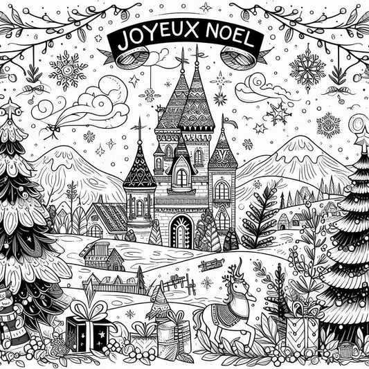 Coloriage de Noël : bannière « JOYEUX NOEL » au-dessus d'un château, de montagnes, de deux sapins et d'un renne