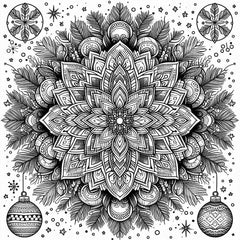 Mandala de Noël à colorier : fleur de poinsettia entourée de branches de sapin, avec deux boules suspendues en bas