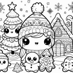 Coloriage kawaii : personnage à grand bonnet, sapin à visage, maison en pain d'épices et petit bonhomme de neige
