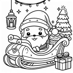 Coloriage d'un petit Père Noël barbu en bonnet allongé dans un traîneau, avec un sapin, une lanterne et un cadeau