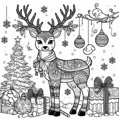 Coloriage d'un renne à bois ornés de houx et écharpe, près d'un sapin, de cadeaux et d'un oiseau sur une branche