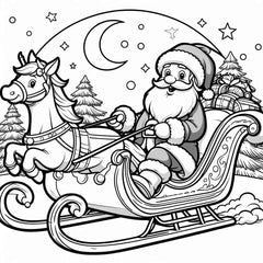 Coloriage du Père Noël dans un traîneau tiré par un cheval harnaché, sous un grand croissant de lune et des sapins