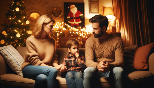 Famille sur un canapé dans une ambiance de Noël