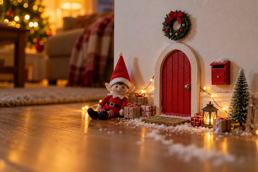 Porte de lutin miniature rouge au pied d'un mur, avec un lutin farceur et des petits cadeaux