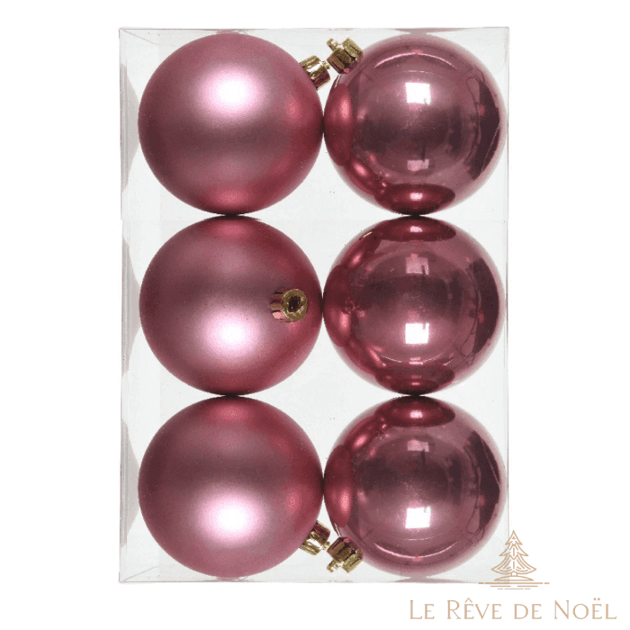 Six boules de Noël rose poudré en boîte, trois finitions mates et trois brillantes