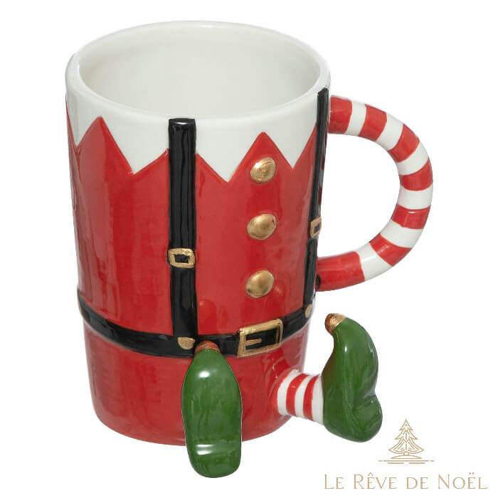 Mug en forme de costume de lutin rouge à ceinture noire, anse en sucre d'orge, deux bottines vertes à la base