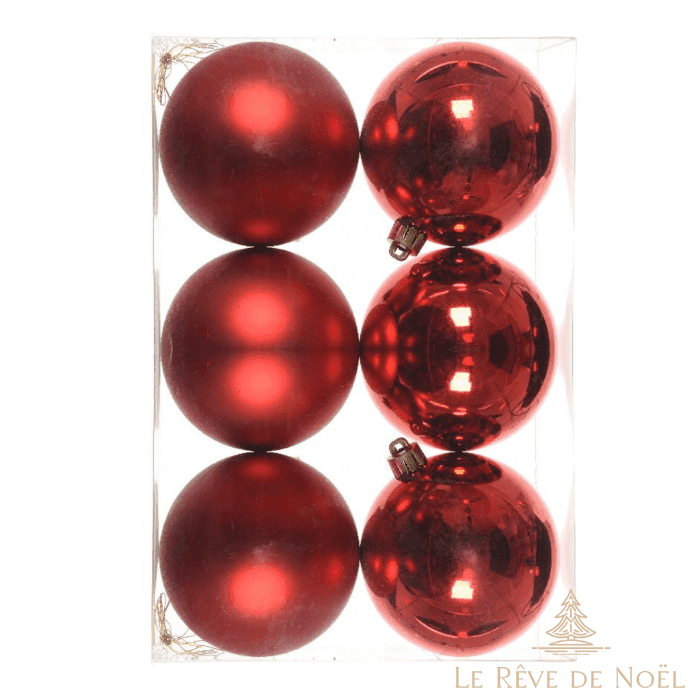 Six boules de Noël rouges en boîte, trois finitions mates et trois brillantes