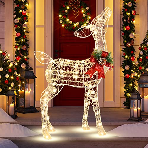 Renne lumineux extérieur pailleté à nœud rouge - 85 cm - 50 LED