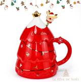 Mug rouge en forme de sapin avec couvercle étoilé doré et mélangeur tête de renne au bonnet de Noël