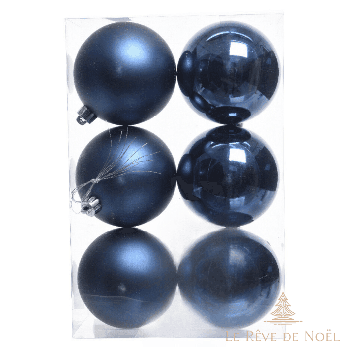 Six boules de Noël bleu nuit en coffret, trois finitions mates et trois brillantes