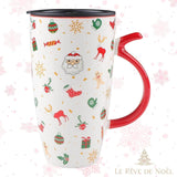 Grand mug de Noël blanc à couvercle noir et anse rouge, imprimé Père Noël et rennes