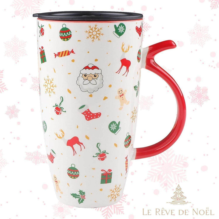 Grand mug de Noël blanc à couvercle noir et anse rouge, imprimé Père Noël et rennes