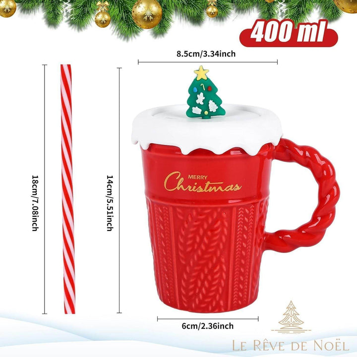 Schéma du mug rouge : hauteur 14 cm, largeur 8,5 cm, base 6 cm, contenance 400 ml, paille de 18 cm