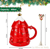 Schéma des dimensions du mug sapin rouge : 9,2 cm de hauteur, 10,2 cm de largeur, mélangeur de 16,2 cm