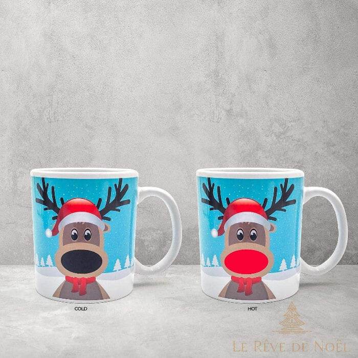 Comparaison du mug renne froid et chaud : nez noir à froid, nez rouge une fois rempli de boisson chaude