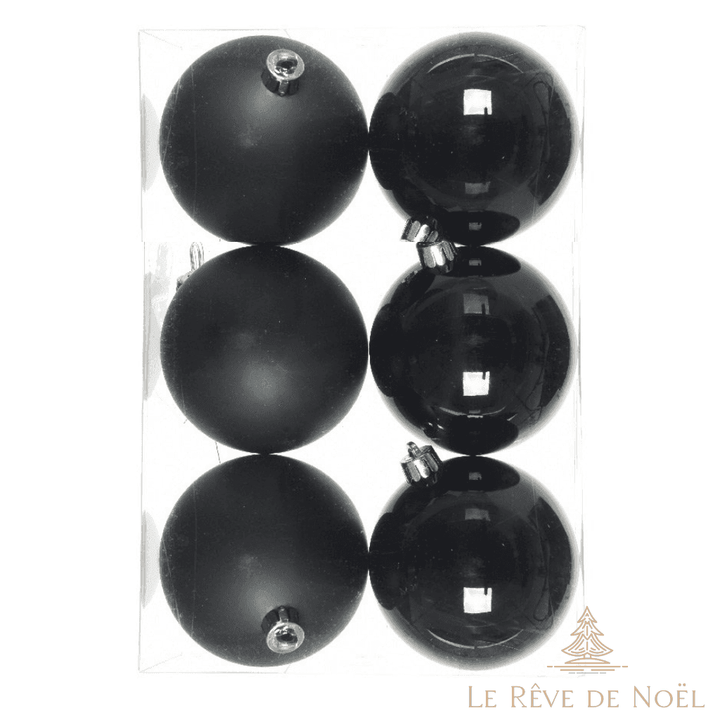 Six boules de Noël noires en boîte, trois finitions mates et trois brillantes