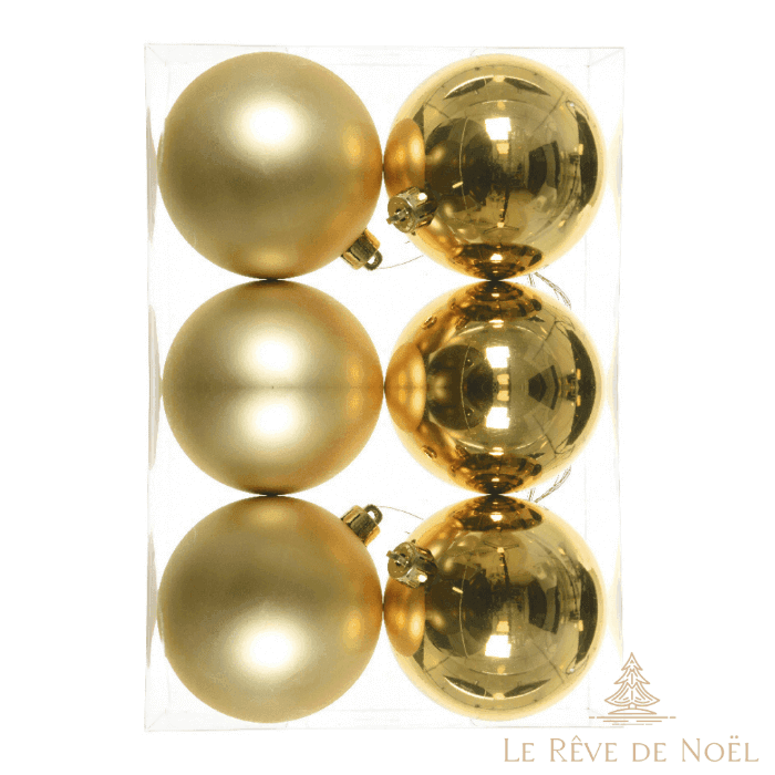 Six boules de Noël dorées en coffret, trois finitions mates et trois brillantes