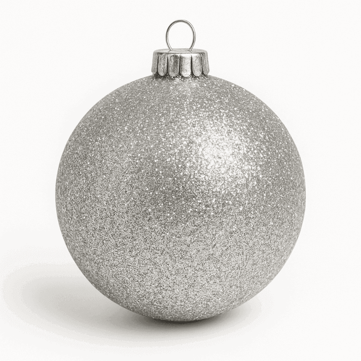 Boule de Noël ronde couverte de paillettes argentées, gros plan sur fond neutre, anneau métallique au sommet