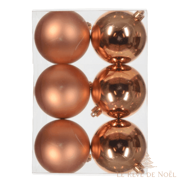 Six boules de Noël cuivre en coffret, trois finitions mates et trois brillantes