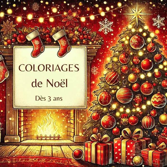 Couverture illustrée d'un cahier de coloriages de Noël : cheminée, sapin décoré et cadeaux, mention dès 3 ans