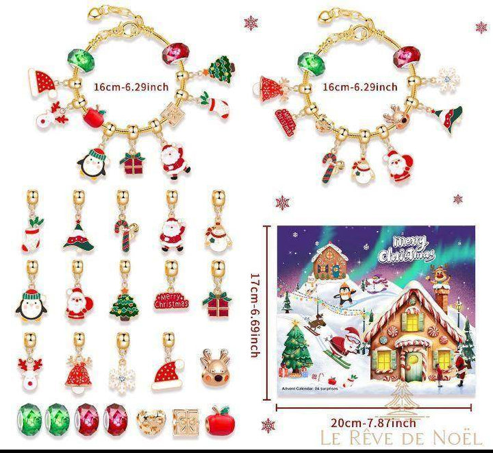 Bracelets à breloques dorées de Noël et coffret maison en pain d'épices, tour de poignet 16 cm