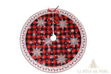 Jupe de sapin à carreaux rouge et noir, grands flocons blancs, liseré à motif de rennes
