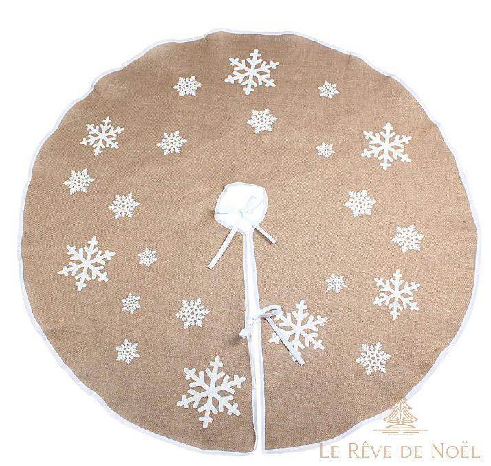 Cache-pied de sapin rond en toile de jute beige à flocons blancs brodés, taille 76 cm, nouettes au centre
