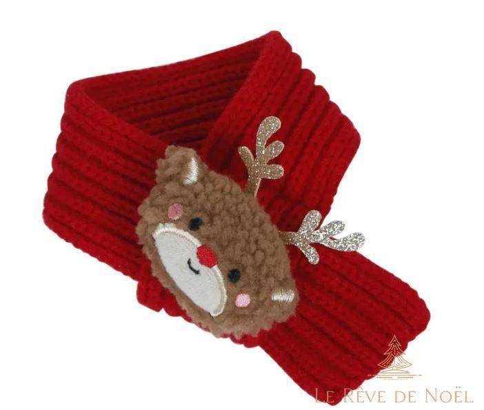 Écharpe tricotée rouge pour chien, enroulée, écusson tête de renne à bois pailletés dorés