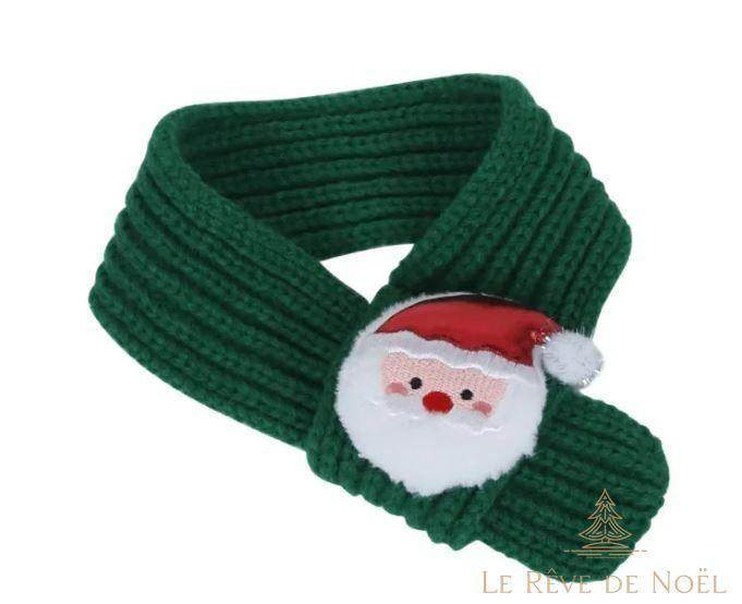 Écharpe tricotée verte pour chien, enroulée, écusson visage du Père Noël à pompon blanc