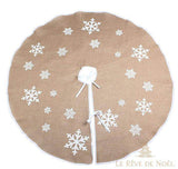 Cache-pied de sapin rond en toile de jute beige à flocons blancs brodés, taille 120 cm, nouettes au centre