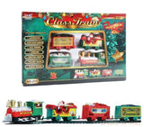 Boîte d'un coffret de train électrique 14 pièces et train assemblé vert et rouge avec Père Noël