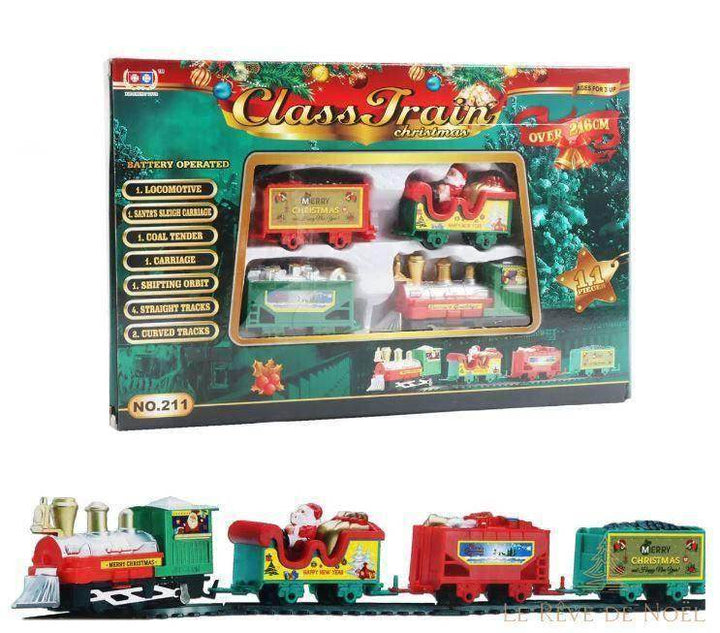 Boîte d'un coffret de train électrique 14 pièces et train assemblé vert et rouge avec Père Noël