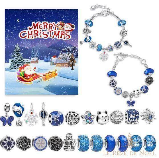 Coffret calendrier de l'avent avec bracelet argenté à perles bleues et rangées de breloques thème Noël