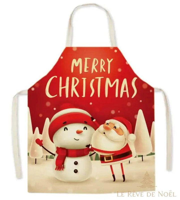Tablier de cuisine rouge à inscription Merry Christmas, bonhomme de neige et Père Noël
