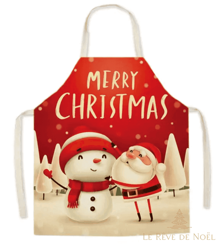 Tablier de cuisine rouge à bretelles blanches, imprimé Merry Christmas avec bonhomme de neige et Père Noël
