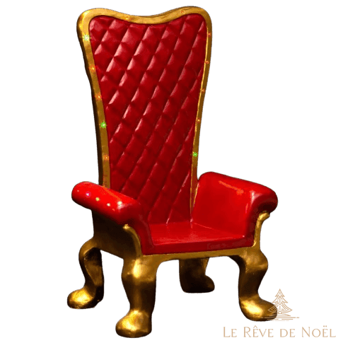 Fauteuil trône du Père Noël, capitonné rouge à pieds et accoudoirs dorés sculptés, fond blanc