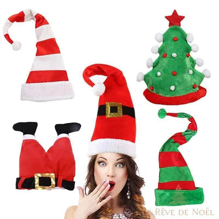 Plusieurs bonnets de Noël loufoques présentés ensemble, l'un porté par une femme surprise