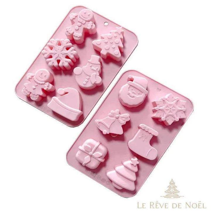 Deux plaques de moule en silicone rose, empreintes sapin, bonhomme de neige, Père Noël, cadeau
