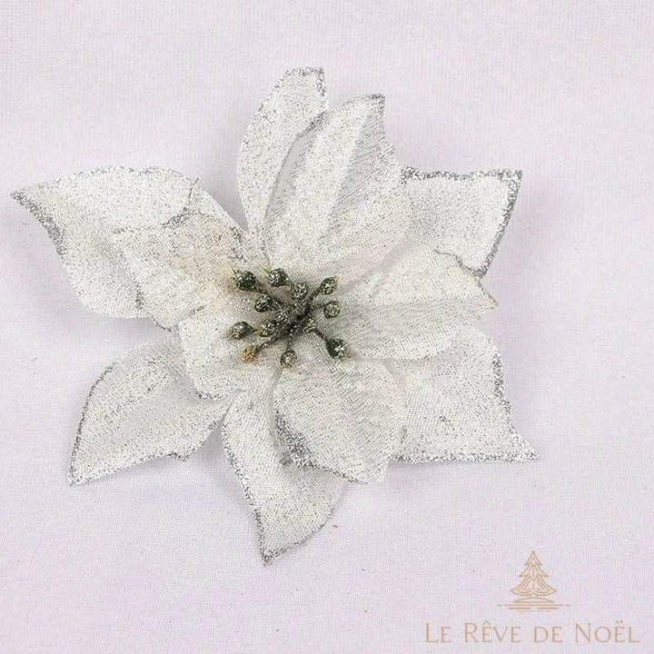 Fleur décorative blanche à bords pailletés argentés et étamines grises pailletées